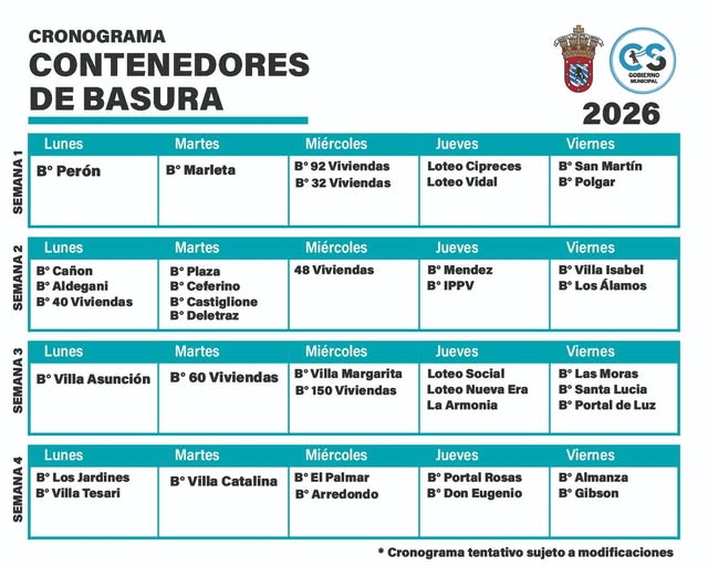 Cronograma semanal de contenedores de basura